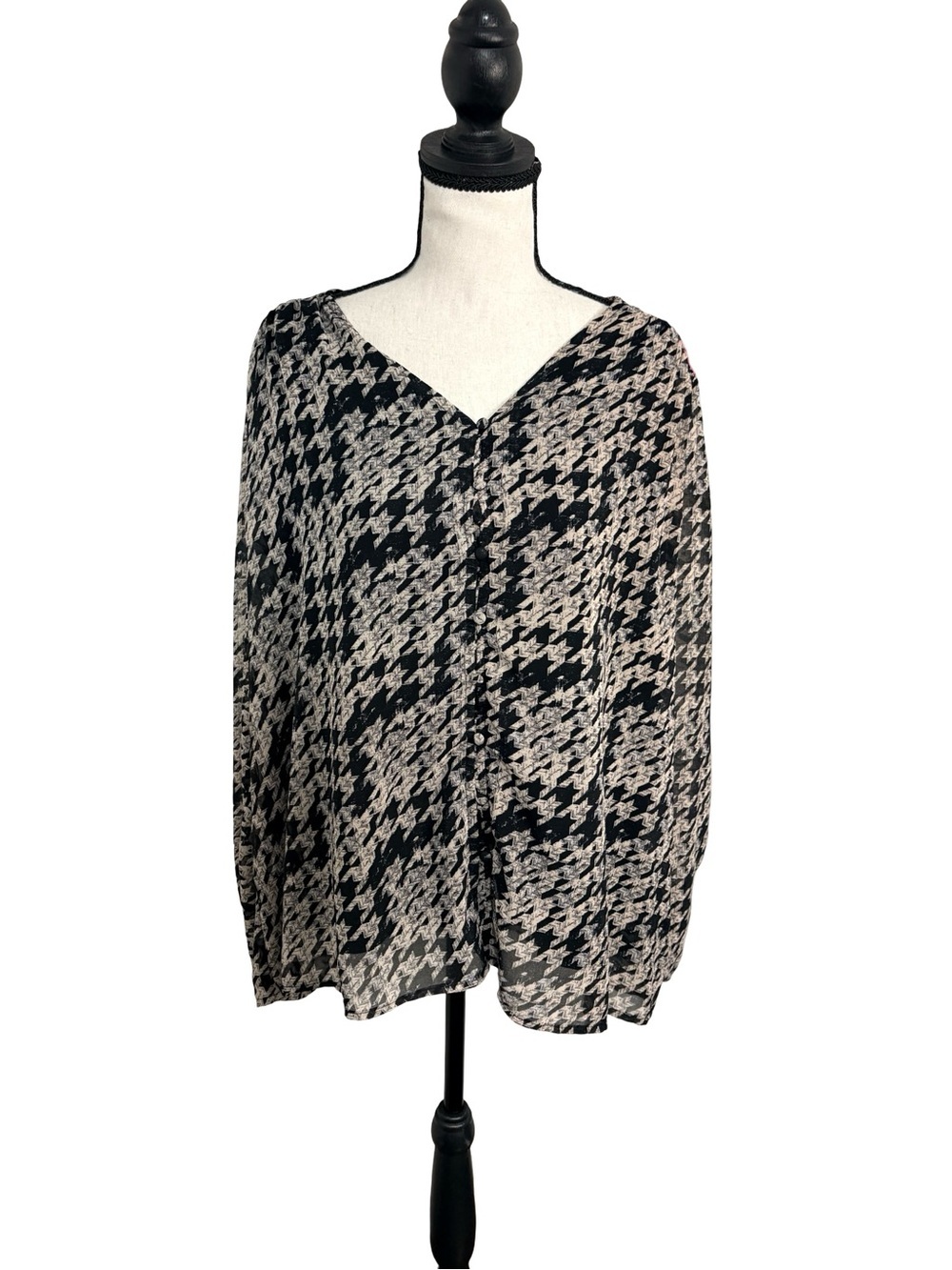 Haver London 1X Sheer Houndstooth Blouse Black Ivory Balloon Sleeve